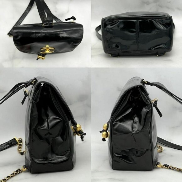 Authentic CHANEL Backpack Vintage Bag Patent Leather Black CC Turnlock Chain - Picture 9 of 10